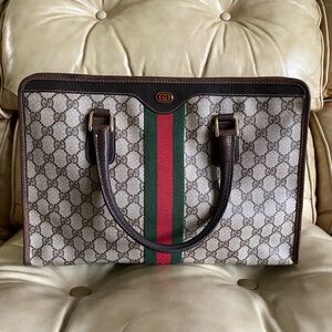 Authentic Gucci Vintage Large Tote Unisex Business Bag GG Web Stripe Attache